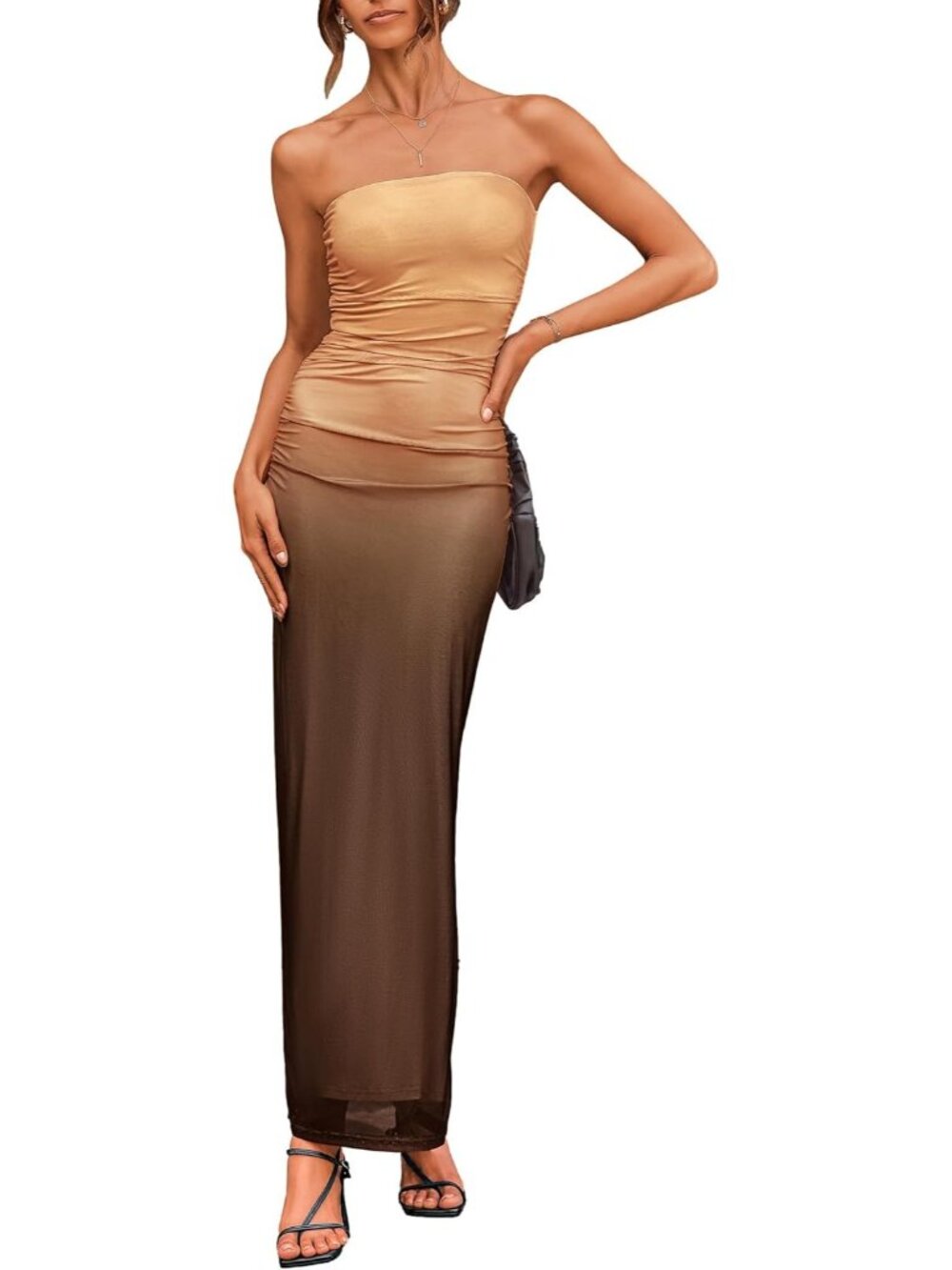Women's Apricot Brown Summer Wedding Guest Dress Strapless Tube Top Floral Maxi